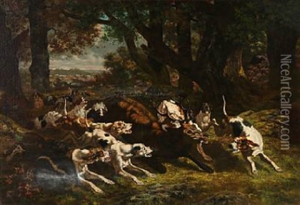 A Hubertus Hunting Oil Painting - Georges Emmanuel Oscar Tartarat