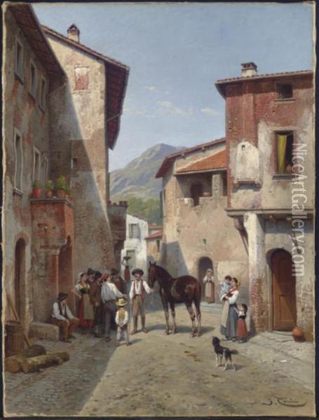 Villagers In A Sunlit Street, Narni, Italy Oil Painting - Jacques Carabain