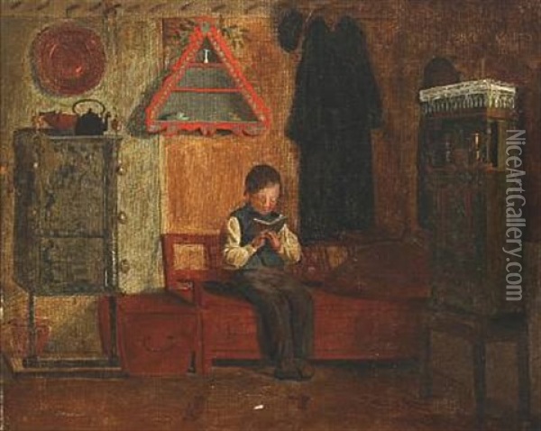 Boy Reading In An Interior Oil Painting - Johann Julius Exner