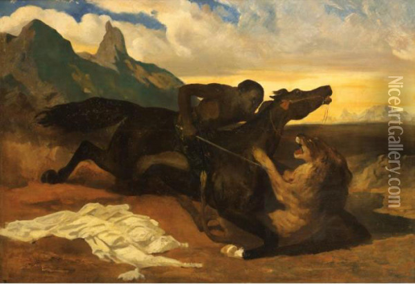 Combat Entre Un Cavalier Africain Et Un Felin Oil Painting - Isidore Jules Bonheur