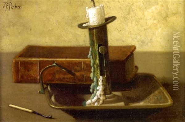 Still Life With Candlestick, Book And Match Oil Painting - John Frederick Peto