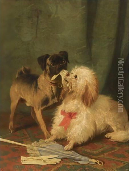 A Pug And A Maltese Playing Tug-Of-War Oil Painting - Conradyn Cunaeus