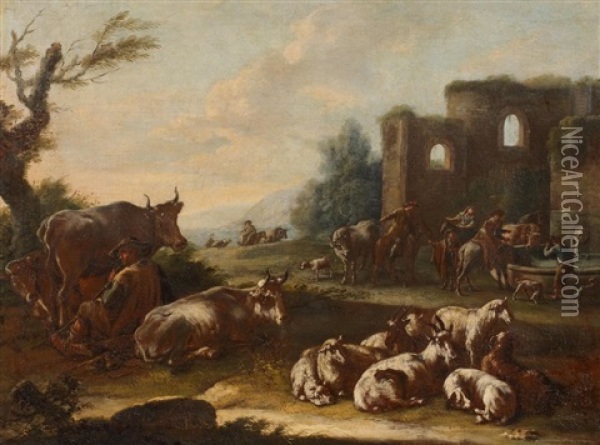 Rastende Hirten Mit Ihrem Vieh Am Brunnen Einer Ruine Oil Painting - Domenico Brandi