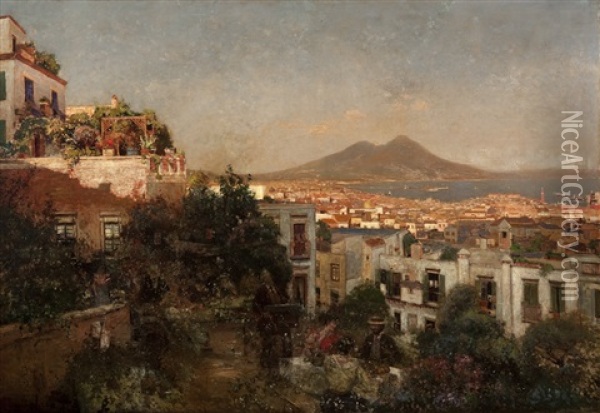 A Festive Afternoon With A View Over Naples Oil Painting - Heinrich Hermanns