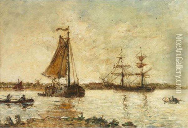 Ships In Harbour Near Honfleur Oil Painting - Charles Francois Pecrus