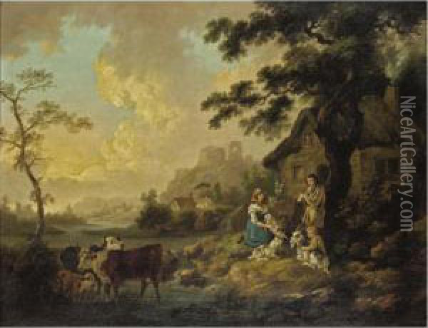 A Rustic Scene With Ruins Beyond Oil Painting - Peter La Cave