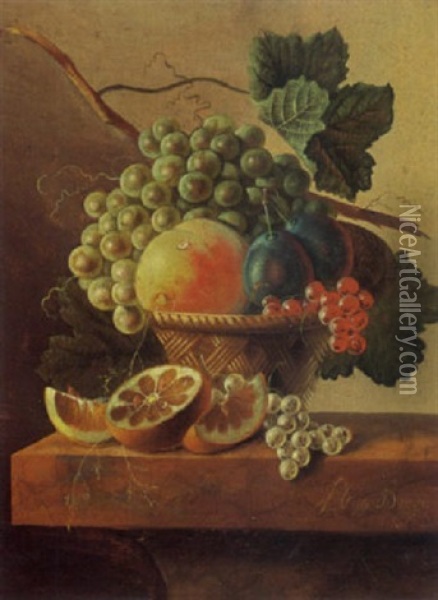 A Still Life Of Grapes, A Peach, Prunes And Red Currants In A Basket, Together With An Orange And White Currants On A Marble Ledge Oil Painting - Johannes Cornelis de Bruyn
