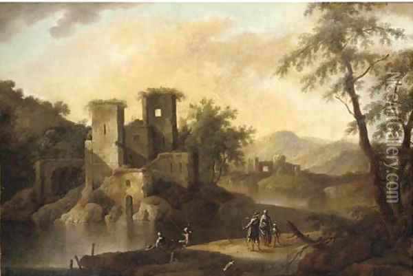 A landscape with Italianate ruins, anglers and other figures by a river Oil Painting - Pandolfo Reschi