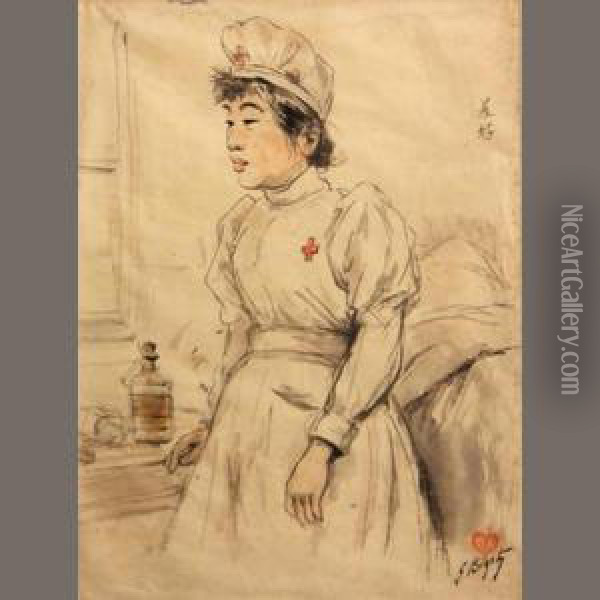 A Japanese Nurse By A Bedside Oil Painting - Georges Ferdinand Bigot