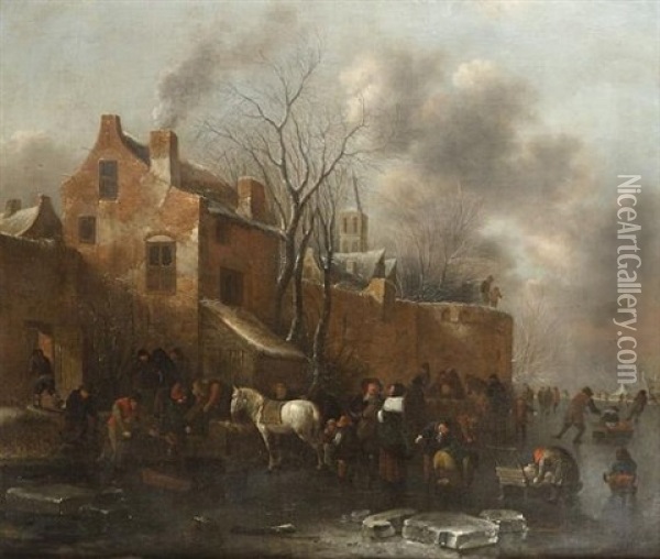 A Winter Landscape With Skaters On A Frozen River, Workmen Unloading Their Sledges And Numerous Other Figures Outside The Walls Of A Walled Town Oil Painting - Nicolaes Molenaer