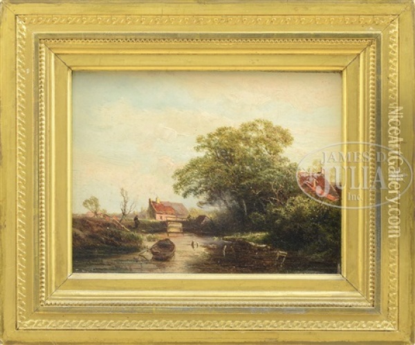 Landscape With Water, Figure And Houses Oil Painting - Pieter Lodewijk Francisco Kluyver
