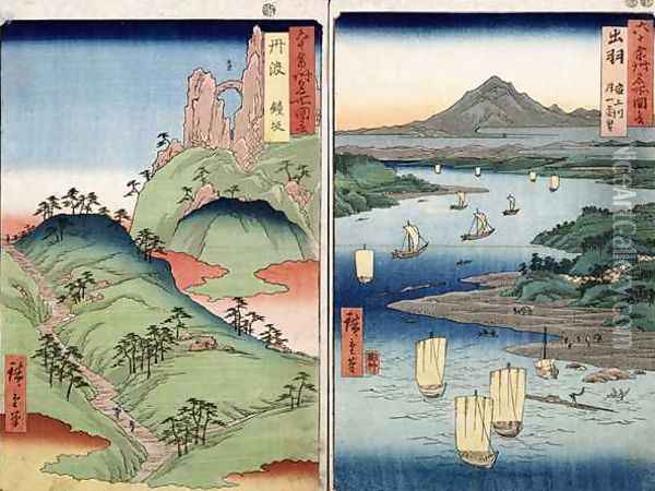 A landscape and seascape two views from the series 60 Odd Famous Views of the Provinces Oil Painting - Utagawa or Ando Hiroshige