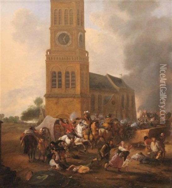 Skirmish Infront Of Village Church Oil Painting - Hendrick Verschuring