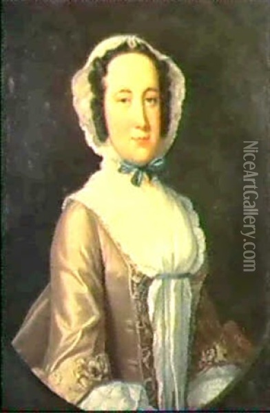 Portrait Of A Lady, Half Length, Wearing A Brown Dress,     Lace Collar, And White Lace Cap... Oil Painting - Thomas Hudson