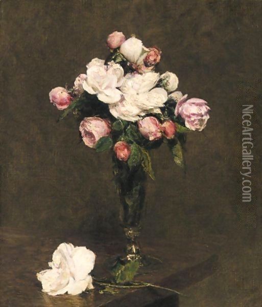 White Roses and Roses in a Footed Glass Oil Painting - Ignace Henri Jean Fantin-Latour