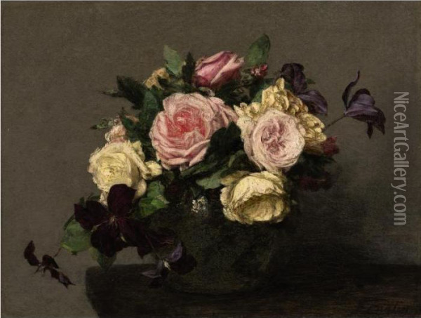 Roses Et Clematites Oil Painting - Ignace Henri Jean Fantin-Latour