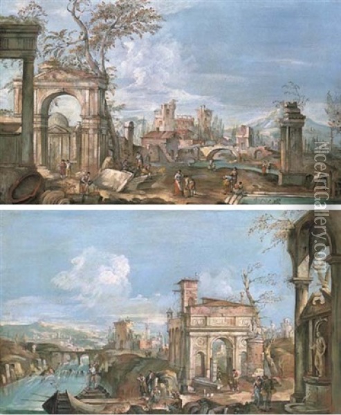 An Architectural Capriccio With Peasants Among Ruins (+ An Architectural Capriccio With Peasants By A River; Pair) Oil Painting - Andrea Urbani