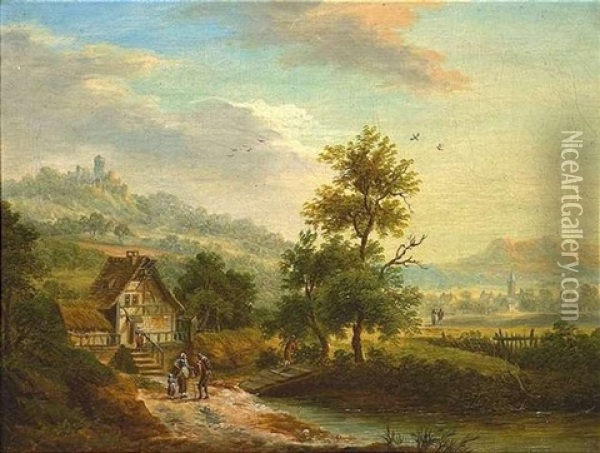 Burggesaumte Fluslandschaft Mit Landvolk Vor Einer Muhle, Im Hintergrund Rechts Eine Dorf Oil Painting - Franz Hochecker