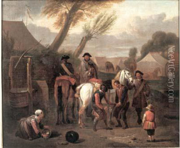 Un Marechal Ferrand Dans Un Campement Militaire Oil Painting - Pieter van Bloemen