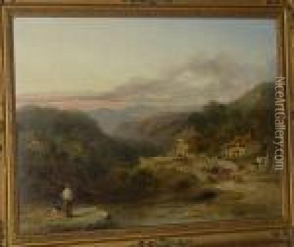A Riverside Village Oil Painting - William Pitt