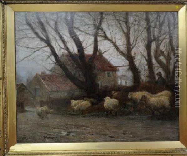 A Shepherd And Flock Approaching A Farmhouse Oil Painting - Albert Ernest Bottomley