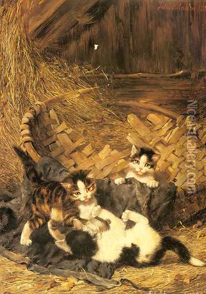 Playful Kittens in a Basket Oil Painting - Julius Adam