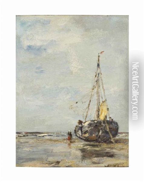 Sailing Ship At Low Tide (fishing Smack On The Beach) Oil Painting - Jacob Henricus Maris