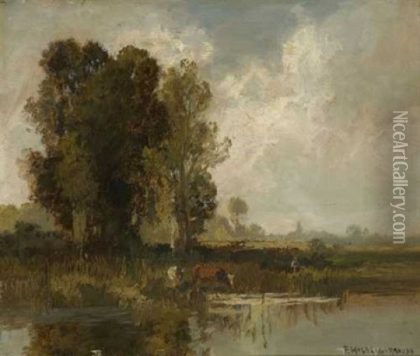 Moorlandschaft Mit Rindern Am Wasser Oil Painting - Fritz Halberg-Krauss