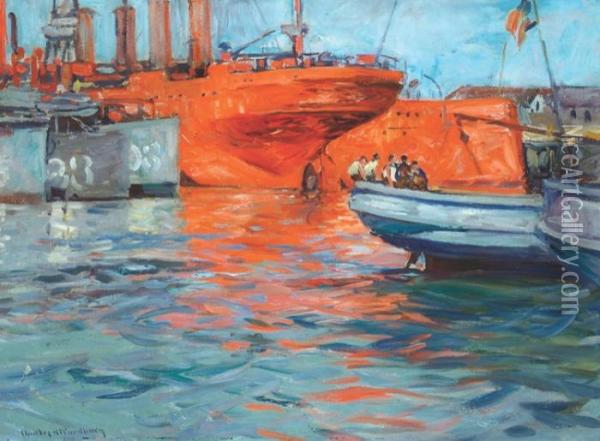 Red Ships, Portsmouth Oil Painting - Charles Herbert Woodbury