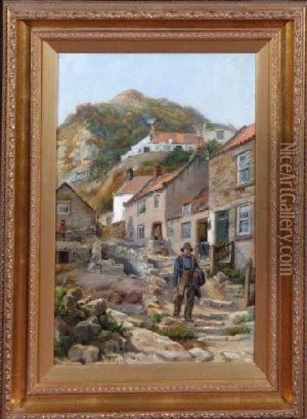 A Yorkshire Fishing Village Oil Painting - Ralph Hedley