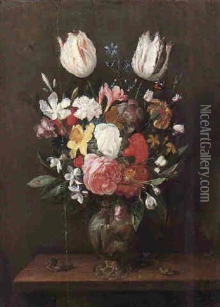 Still Life Of Flowers In A Vase On A Wooden Table With Bee, Butterfly, Snail And Frog Oil Painting - Jan van den Hecke the Elder