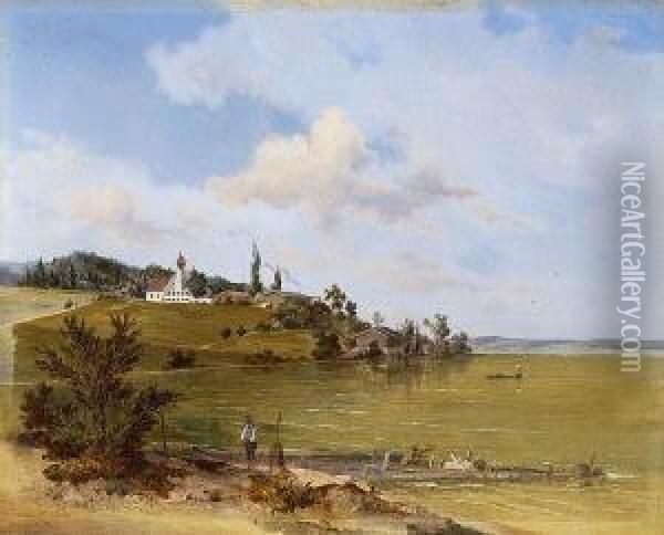 Blick Von Der Herrschinger Bucht
 Auf Schloss Muhlfeld Oil Painting - Carl August Lebschee