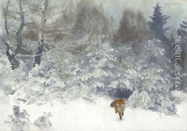 Fox in a Winter landscape Oil Painting - Bruno Andreas Liljefors