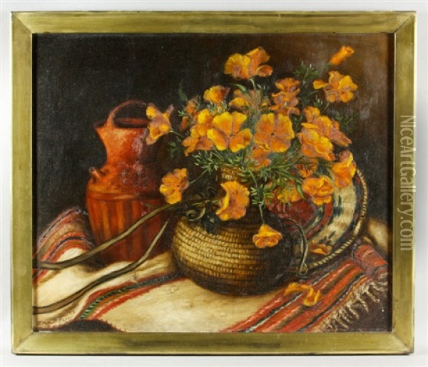 Poppies In American Indian Basket With Urn And Blanket Oil Painting - Ellen Francis Burpee Farr