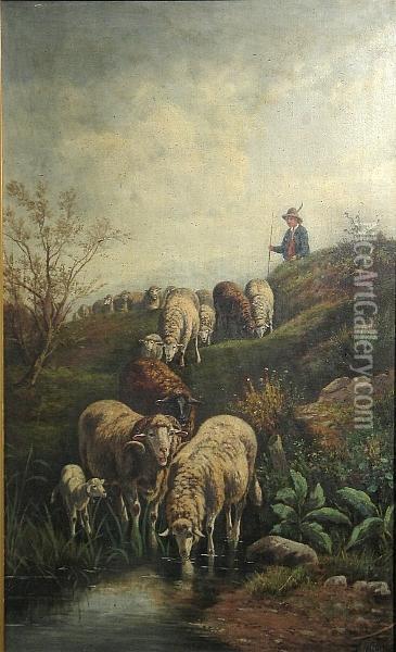 A Shepherd With His Flock At Water's Edge Oil Painting - Antonio Milone