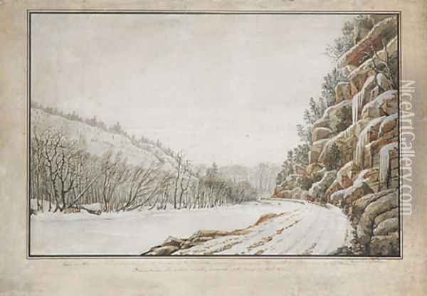 View on the New Turnpike Road, on the Margin of the Juniata, with a Distant View of the Warrior Mountain Oil Painting - Benjamin Henry Latrobe