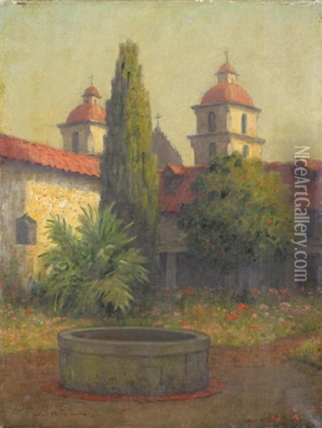 Santa Barbara Mission Courtyard Oil Painting - William Barr