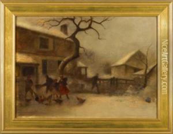 Winter Scene With Figures Outside A Farmhouse Oil Painting - George Washington Nicholson