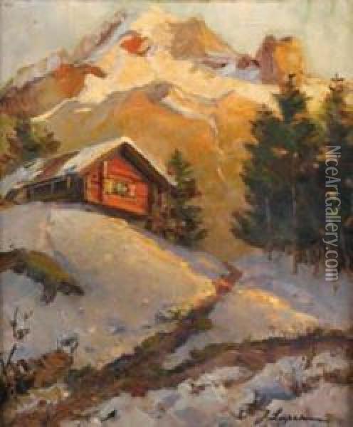 Chalet Dans La Montagne Enneigee Oil Painting - Georgi Alexandrovich Lapchine