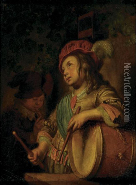 Boys Playing The Flute And Drum Oil Painting - Willem van Mieris