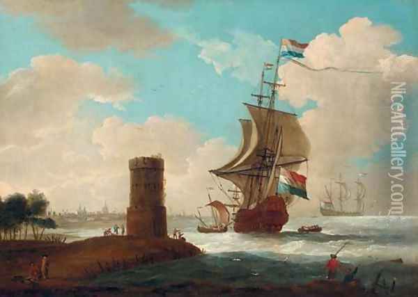 A coastal landscape with a tower and Dutch warships, a town beyond 2 Oil Painting - Dutch School