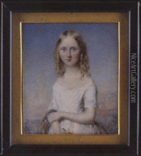 Lady De Hochepied Larpent As A Girl, Her Long Blonde Hair In Ringlets, Wearing White Dress, She Holds A Flower In Her Right Hand, A Shawl Over Her Arm Oil Painting - William John (Sir) Newton