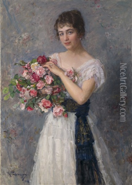 Portrait Of A Woman With A Bouquet Of Roses Oil Painting - Nikolai Dmitrievich Kuznetsov