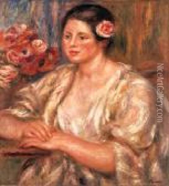 Madeleine Au Corsage Blanc Et Bouquet De Fleurs Oil Painting - Pierre Auguste Renoir