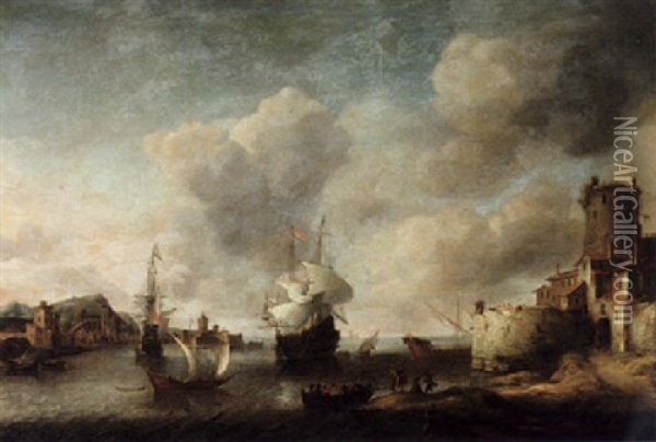 A Harbour With Dutch Men-of-war Anchored Offshore, Figures Embarking On A Small Boat In The Foreground, A Fortified Castle On The Right Oil Painting - Jan Abrahamsz. Beerstraten