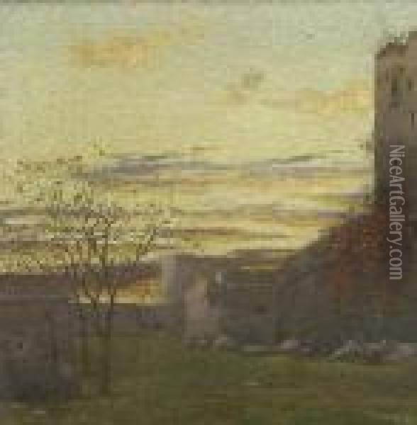 Festungshof In Der
 Dammerung. Oil Painting - Girolamo Cairati