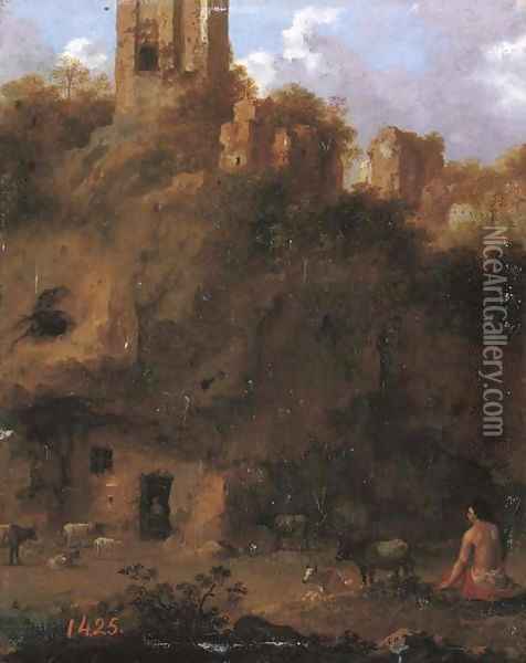 An Italianate landscape with a herdsman and cattle by ruins Oil Painting - Cornelis Van Poelenburch
