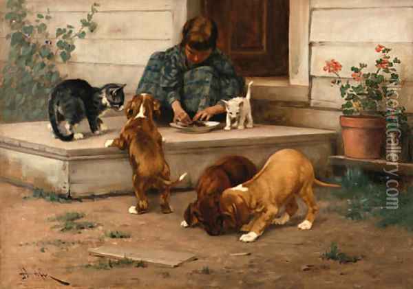 Feeding the Puppies and Kittens Oil Painting - John Henry Dolph