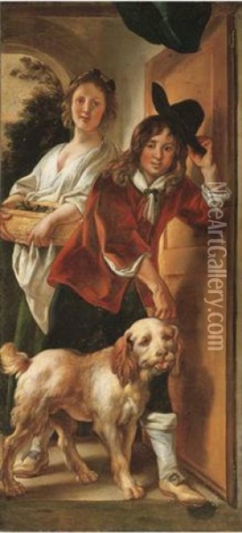 A Youth, Holding A Dog In Check And Doffing His Hat As He Enters A House, Accompanied By A Young Woman Oil Painting - Jacob Jordaens