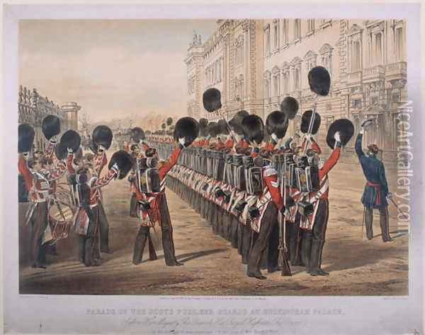 Parade of the Scots Fusilier Guards at Buckingham Palace on the morning of their departure for the Seat of War, March 2nd 1854, engraved by E. Walker, published by Colnaghi and Co., 1854 Oil Painting - George Housman Thomas